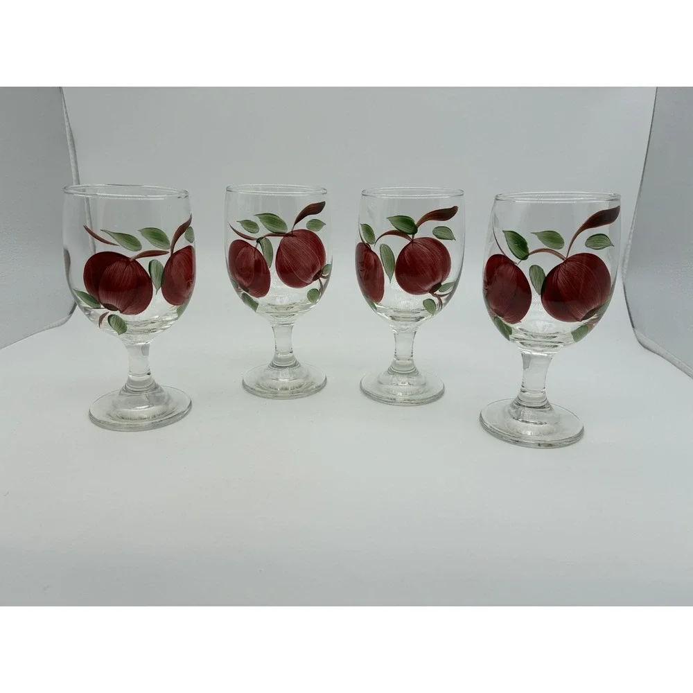 Vintage Hand Painted Apple Wine Glasses Set of 4 Red Fruit Motif Goblets